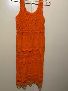 Sleeveless Orange Crochet Lace Midi Dress